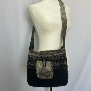 Hand Knit Wool Boho Black Ombre Shoulder or Crossbody Tote Bag Zip Top Festival